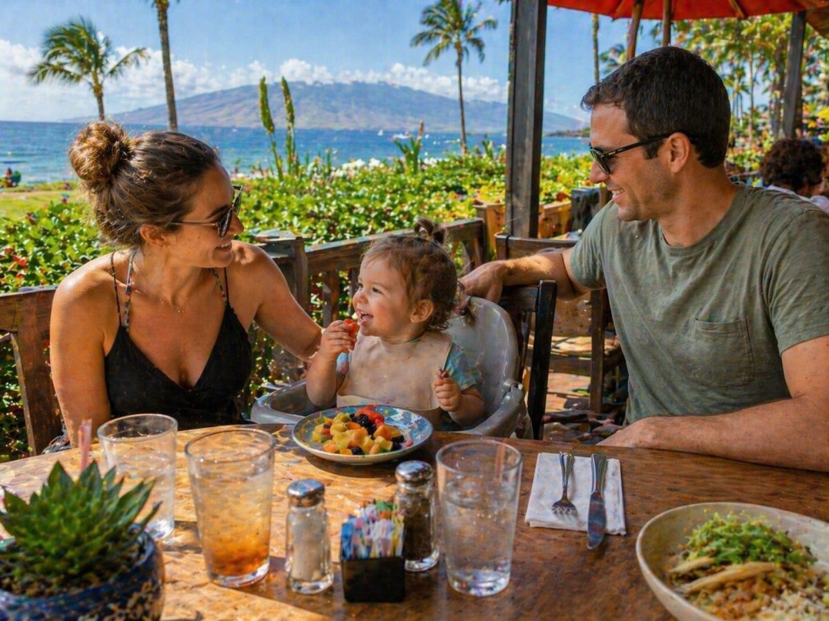 family dining outdoor Kihei restaurant Maui with toddler highchair
