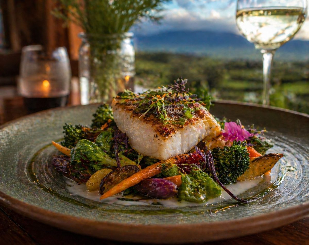 Beautifully plated farm-to-table entree featuring Maui-grown vegetables