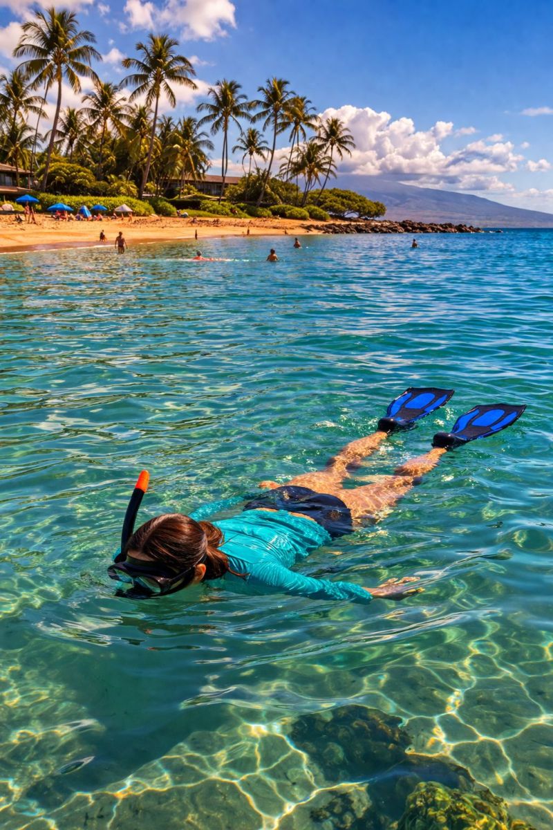 Beginner snorkeler in shallow calm water at Kamaole Beach Kihei Maui