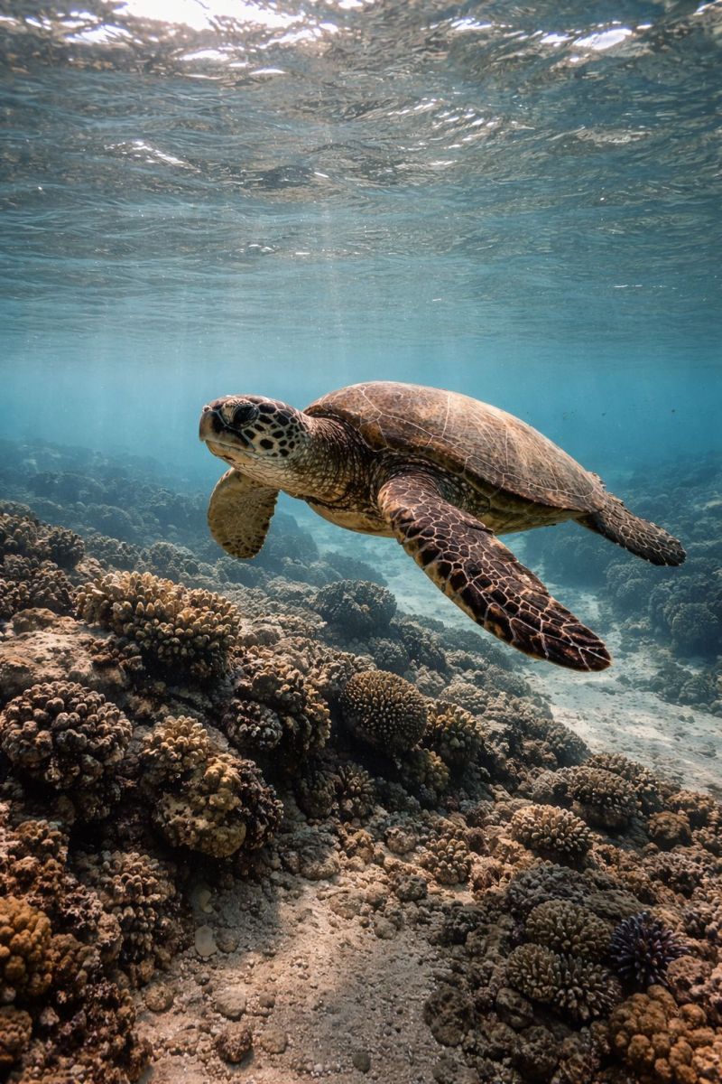 Green sea turtle swimming near snorkeler at Maluaka Beach Wailea Maui