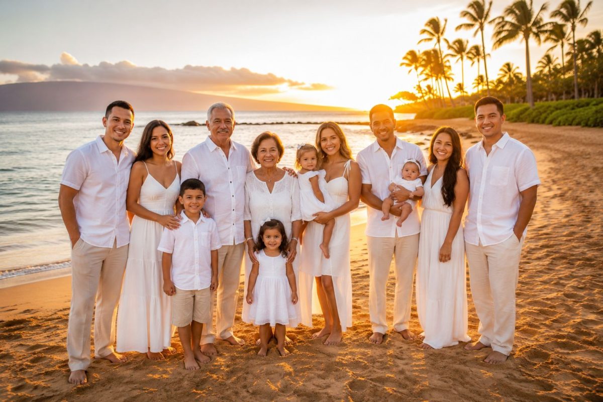 A family reunion gathered on Polo Beach, Wailea