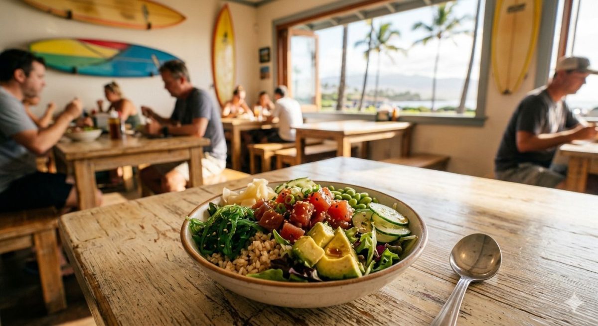 Beautifully plated poke bowl at a casual South Maui restaurant