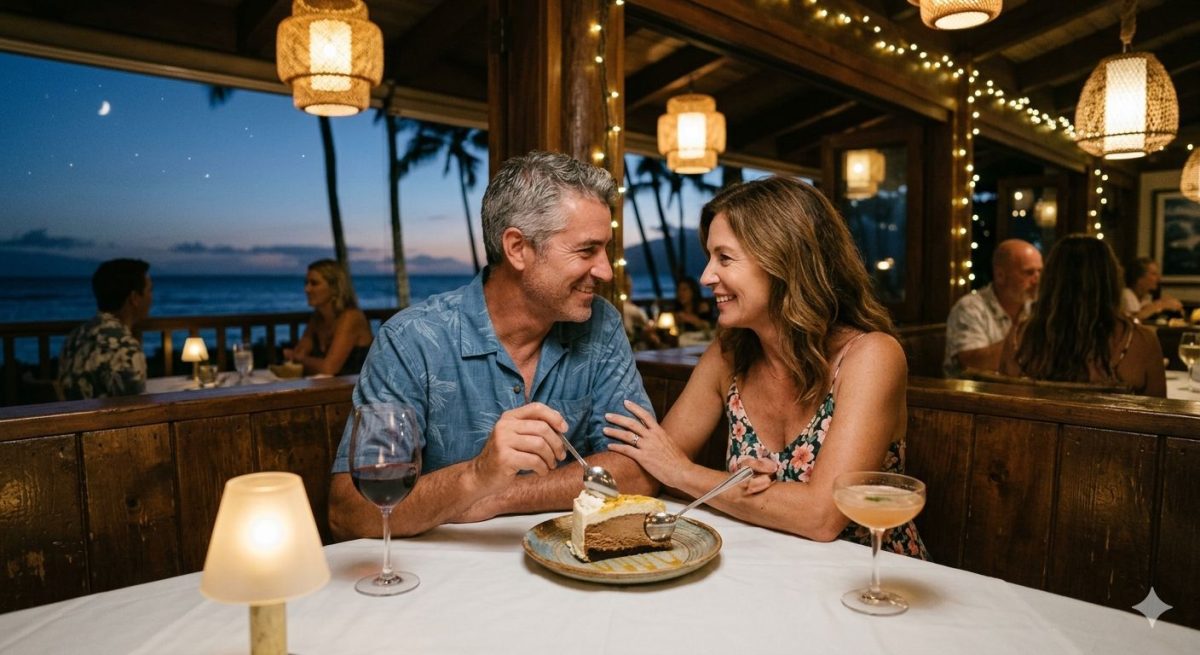 Couple enjoying Italian dessert at Ferraro’s outdoor terrace in Wailea
