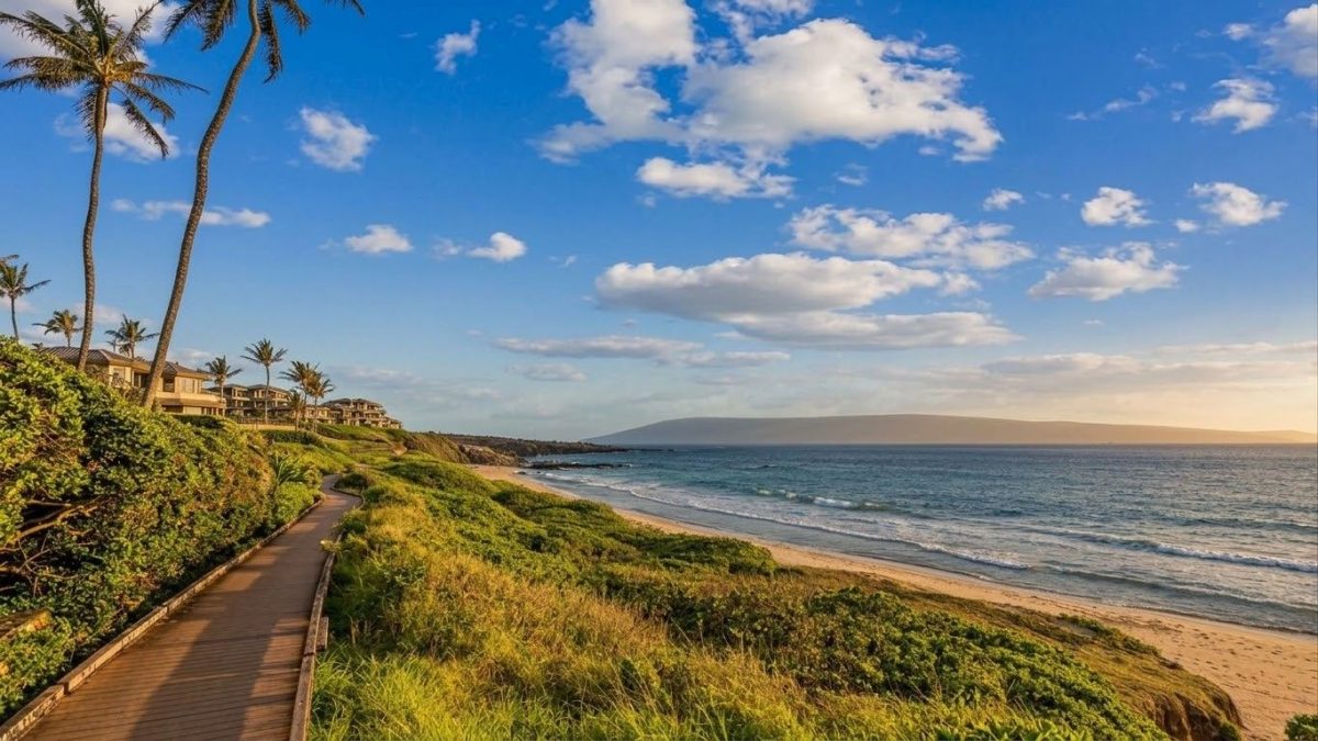 Kapalua Coastal Trail paved pathway with Pacific Ocean views and neighboring island silhouette