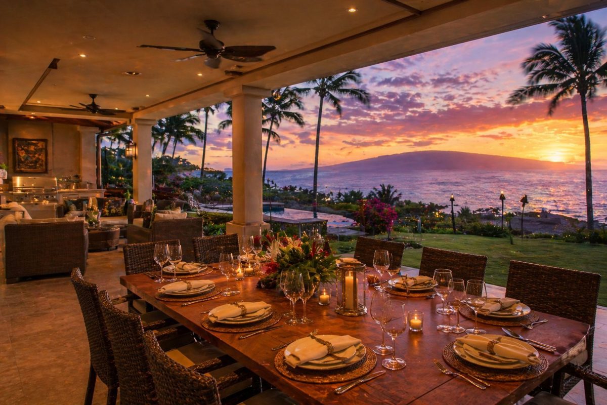Private lanai dining setup at a luxury Maui vacation rental