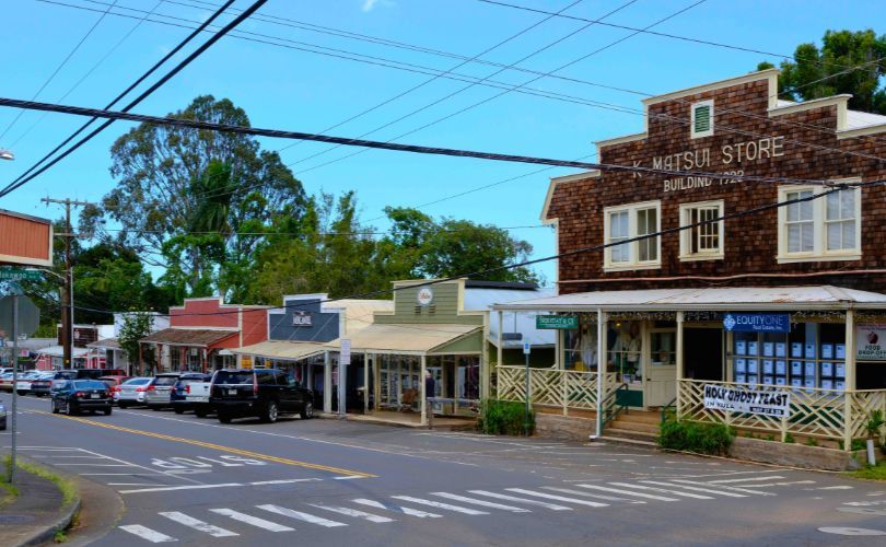 Makawao Maui main street with Western-style wooden storefronts