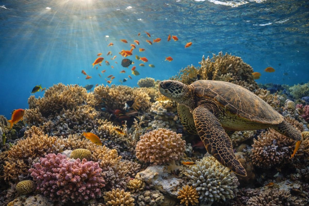Colorful reef fish and sea turtles at Molokini Crater Marine Sanctuary