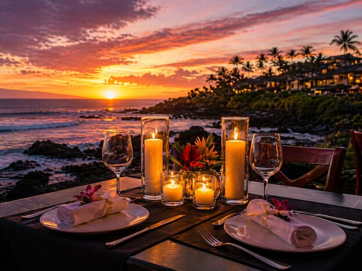 Romantic oceanfront dinner table at a Wailea restaurant with sunset views