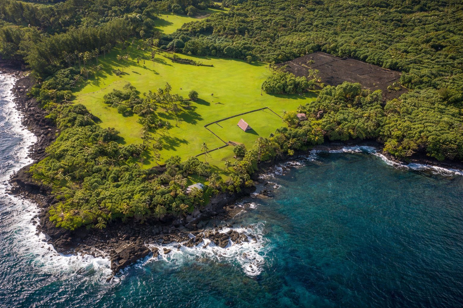 Ancient Hawaiian heiau stone walls in Hana Maui.