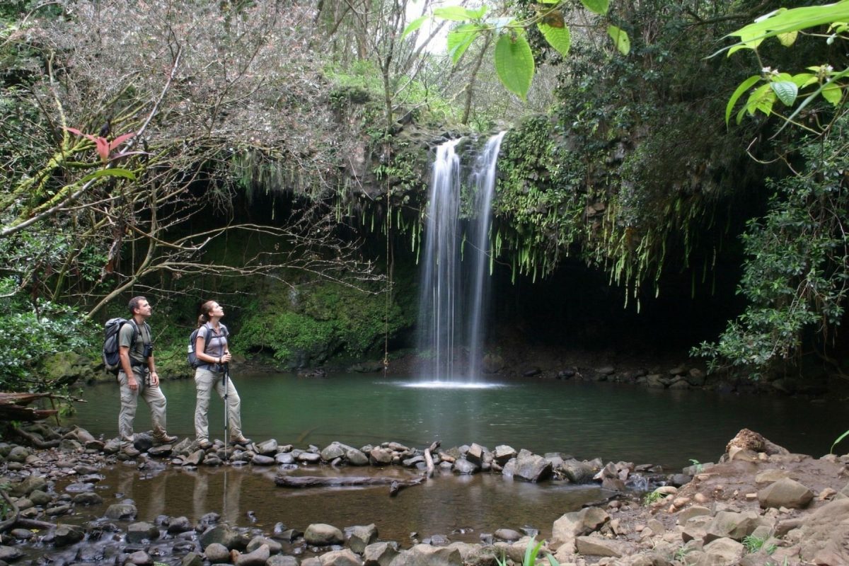 Hikers at Twin Falls waterfall Maui Road to Hana.