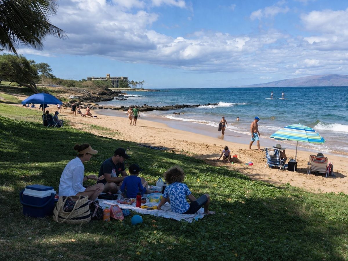 Family beach picnic on the grass at Kamaole Beach Park III in Kihei, Maui