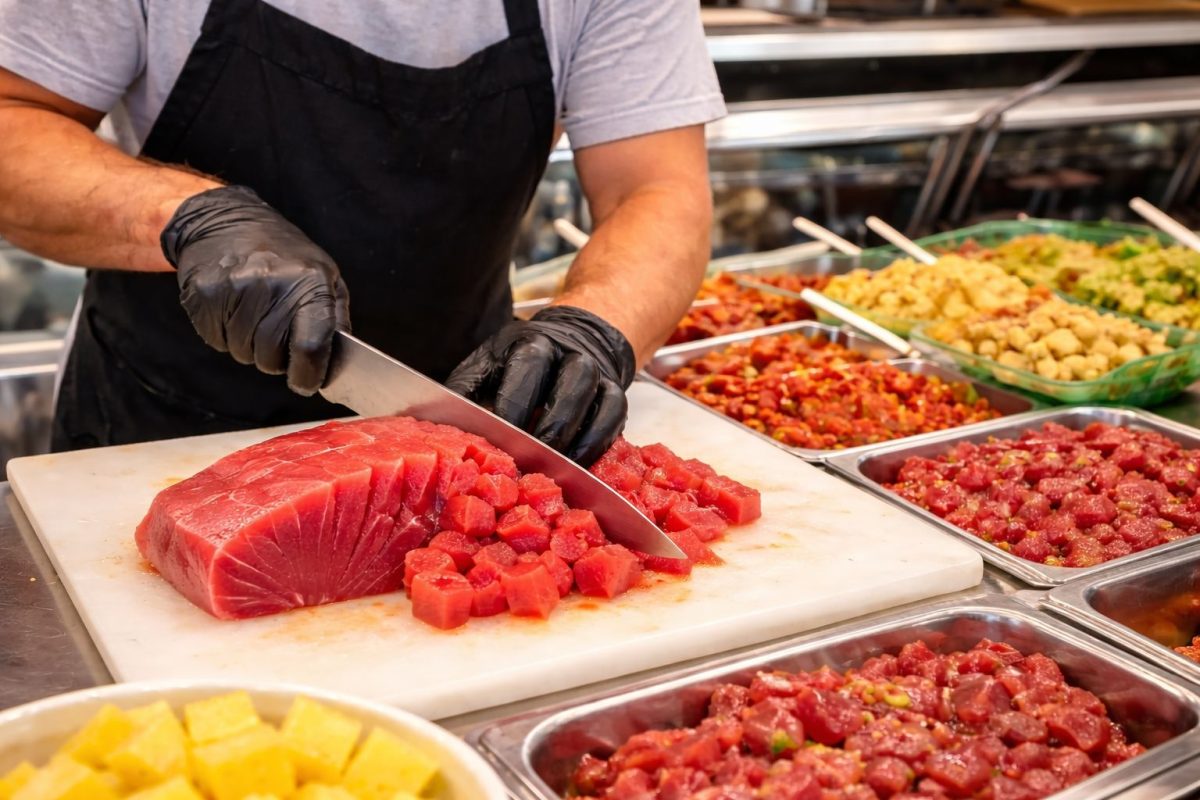 Local Maui fishmonger cubing fresh ahi tuna at a Kihei poke counter
