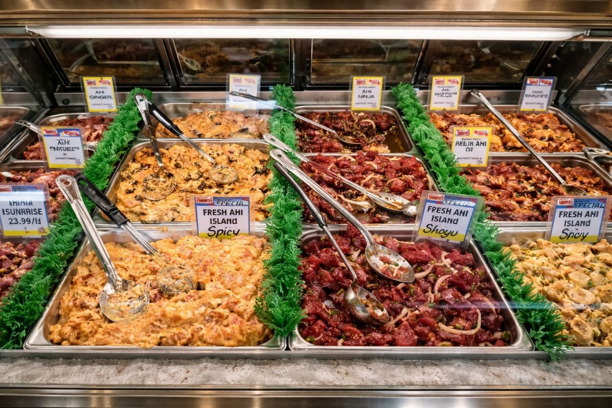 Glass display case of fresh poke varieties at a Kihei fish market in South Maui
