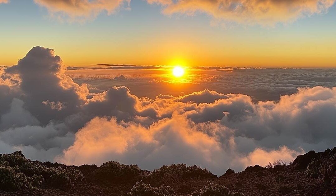 Haleakala sunrise from upcountry Maui farms and hillside.