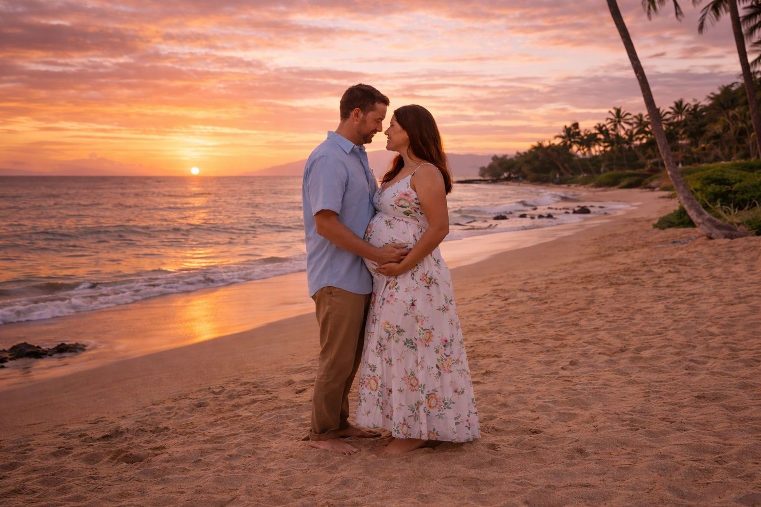 Expecting couple on a quiet Wailea beach during a Maui babymoon sunset