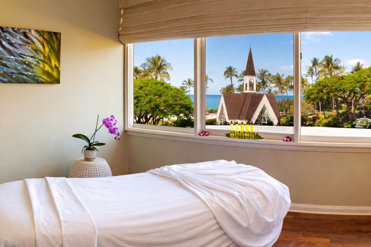 Prenatal massage table and oils at a Wailea spa in South Maui