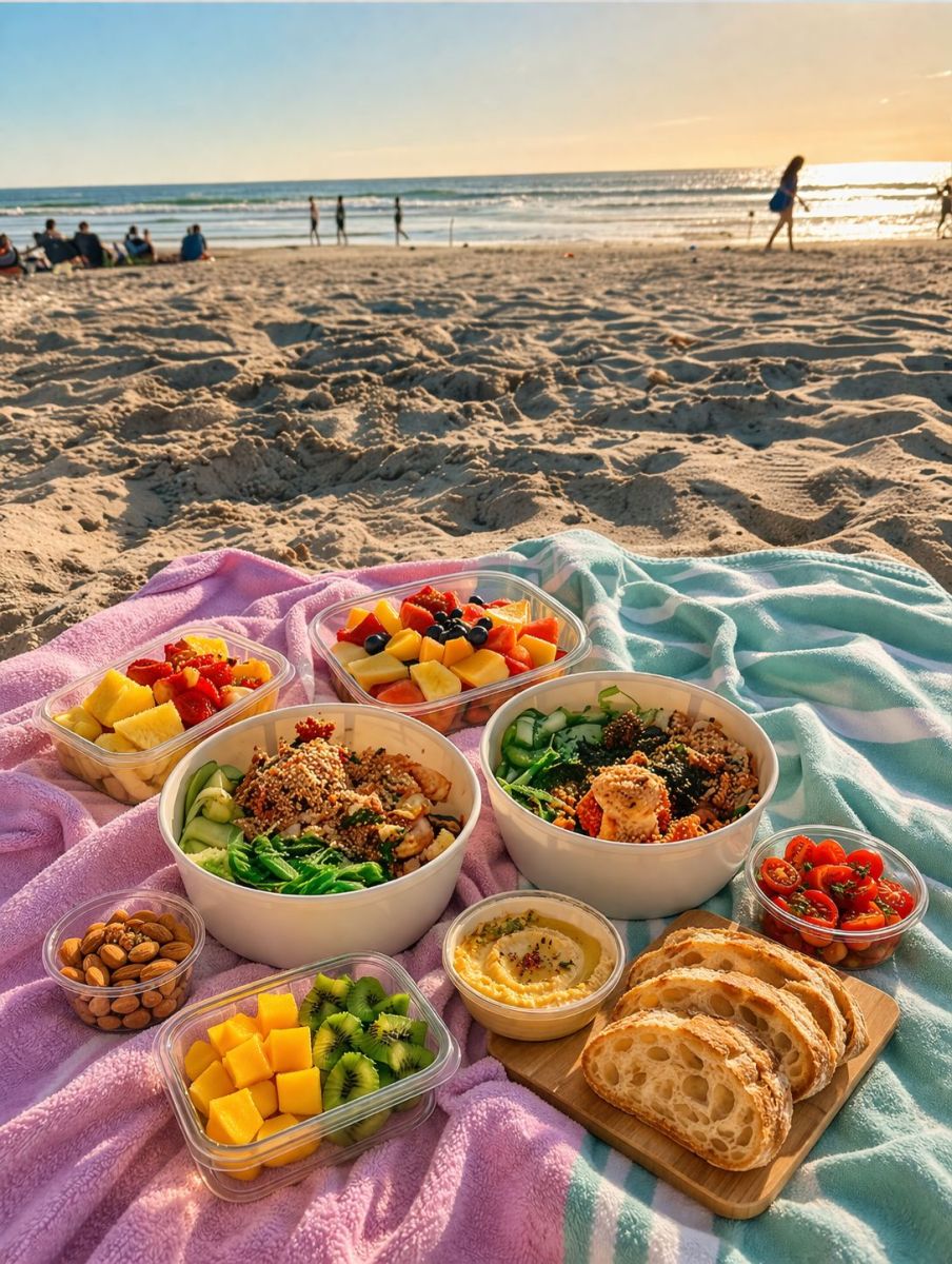 Packed South Maui beach picnic with poke bowls, fruit, and sourdough
