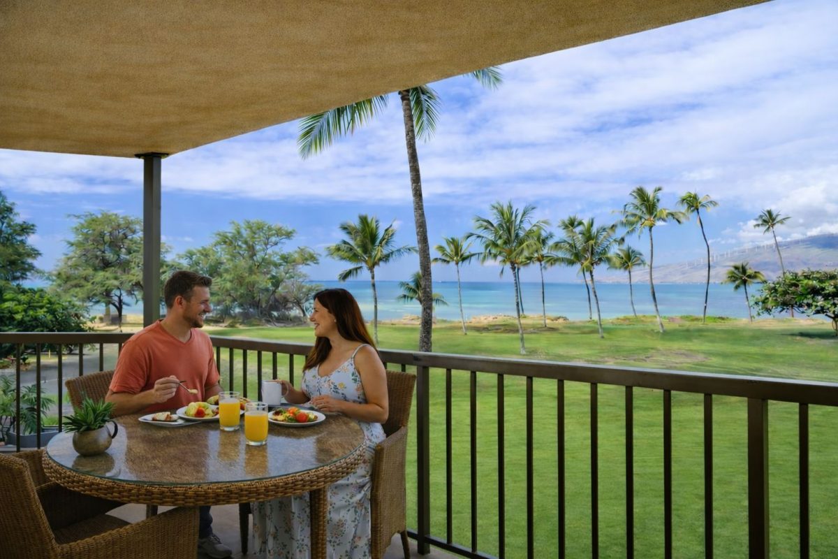 Babymoon breakfast spread on a South Maui vacation rental lanai
