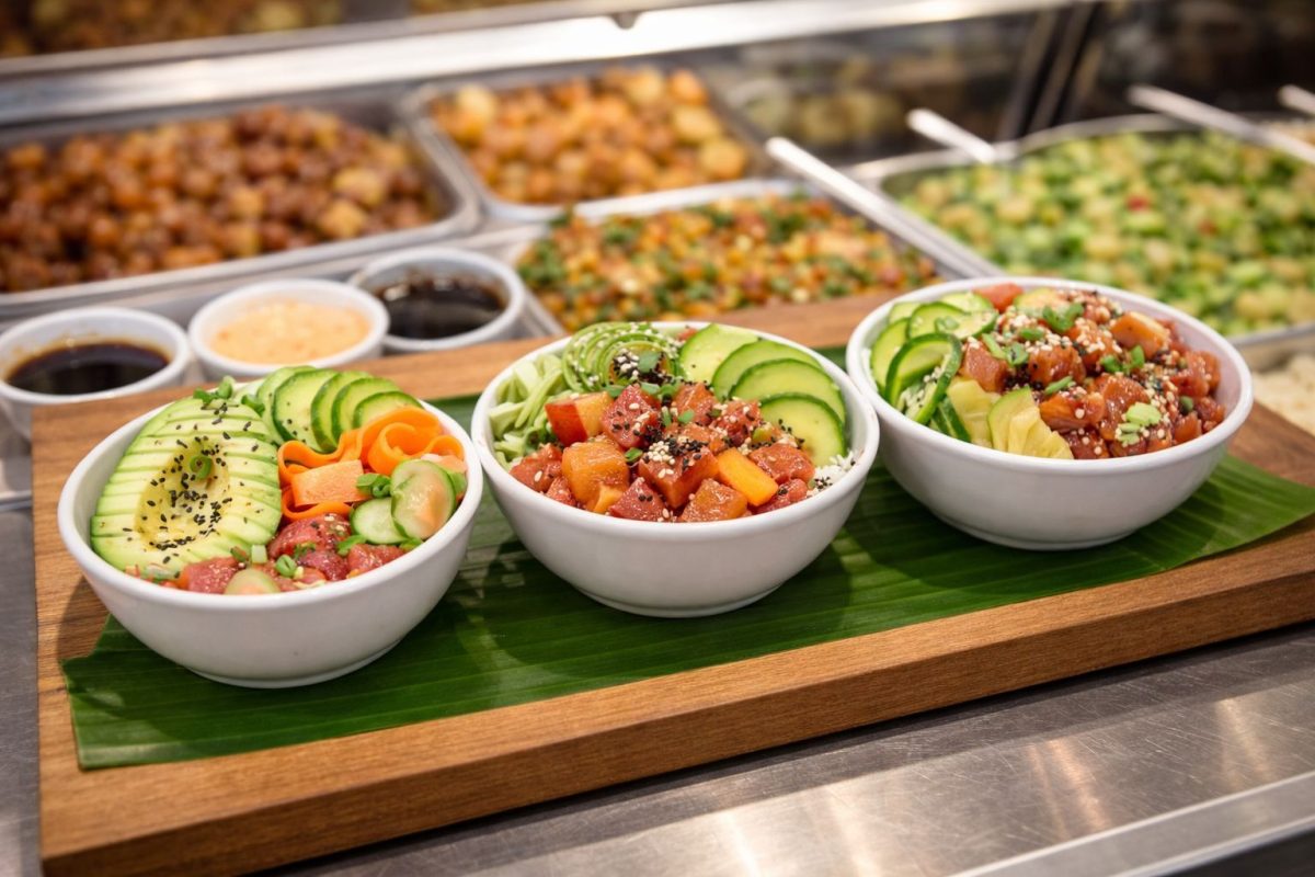 Flight of three poke varieties — shoyu, spicy ahi, and wasabi — at a Maui poke counter
