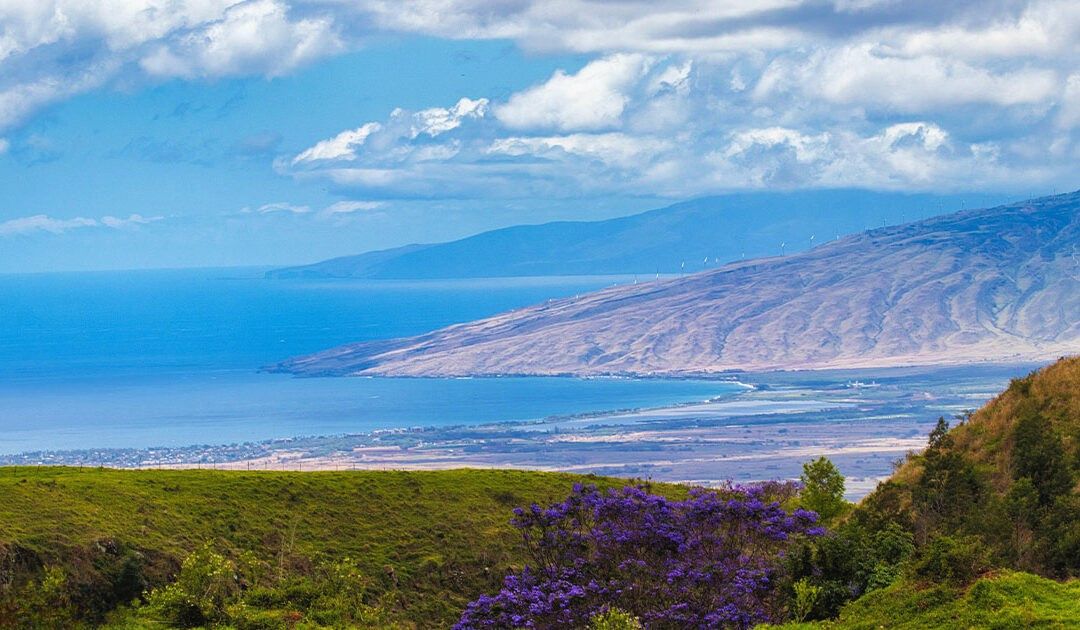 Panoramic view from upcountry Maui with green slopes and ocean in background